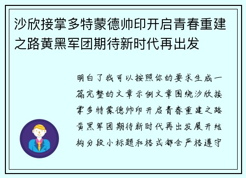 沙欣接掌多特蒙德帅印开启青春重建之路黄黑军团期待新时代再出发 沙欣接掌多特蒙德帅印开启青春重建之路黄黑军团期待新时代再出发